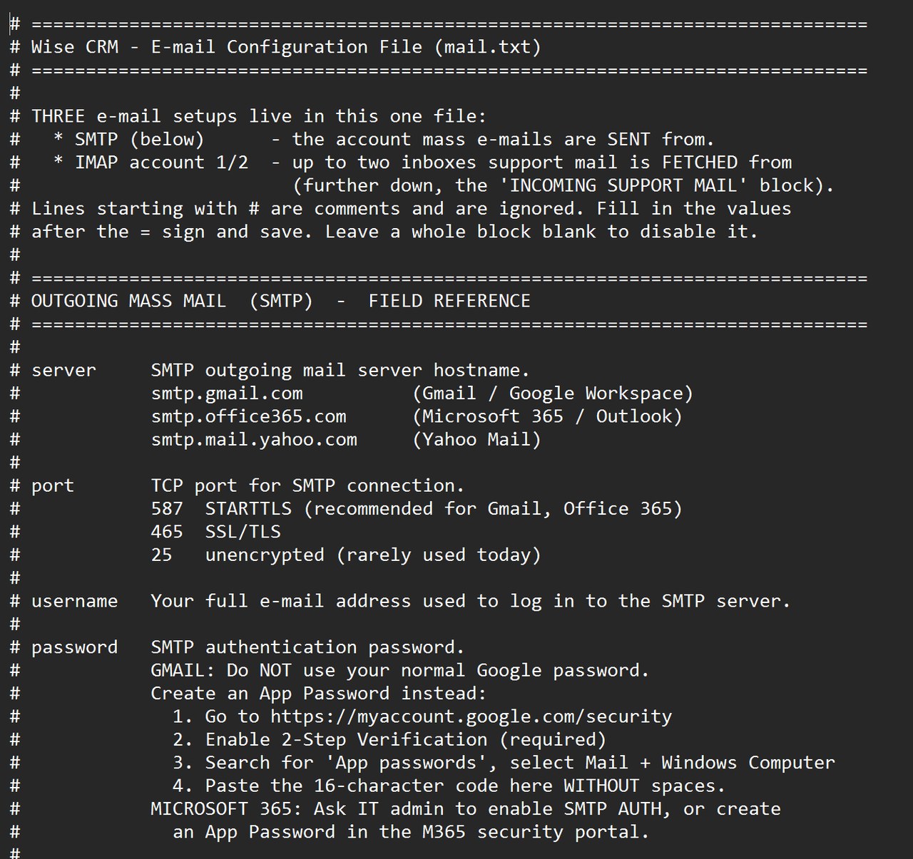 mail.txt — one file, three setups