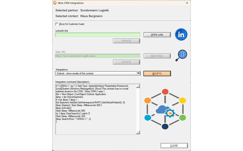 Integraciones externas: sus propios comandos, ejecutados sobre el registro seleccionado y con sus datos incorporados