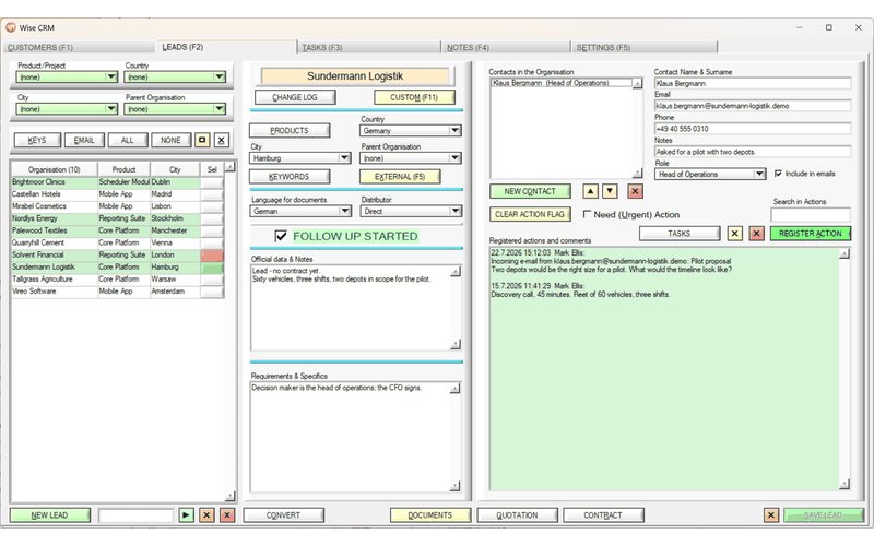 La pestaña Clientes potenciales: la misma forma de pantalla que Clientes, con el flujo de seguimiento encima
